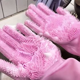 1pair Kitchen Silicone Dishwashing Gloves; Housework Cleaning Waterproof Insulation Magic Gloves; Dishwashing Brush (color: Purple)