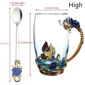 1pc Rose Enamel Crystal Tea Cup; Coffee Mug; Tumbler Butterfly Rose Painted Flower Water Cups; Clear Glass With Spoon Set (color: Blue)