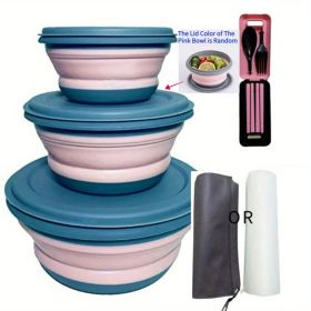 3pcs/set Camping Bowl; Silicone Collapsible Bowl Lunch Box Salad Bowl With Lid; Expandable Food Storage Containers Set With Folding (color: Pink)